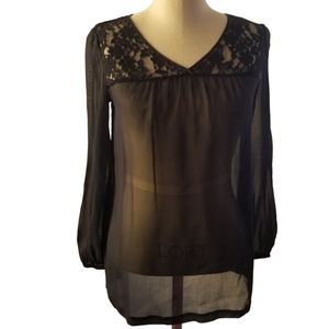 DKNY Sheer Black Peasant Blouse With Lace  | SZ P